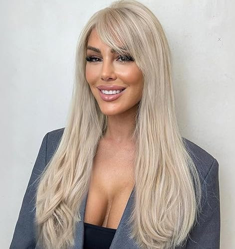 LEMEIZ blonde perücke mit pony, hellblonde perücke lang, cosplay perücke lang, lange blonde perücke mit pony, blond wellig perücke, Synthetic Hair Light Blonde Wig 22 Zoll LEMEIZ-161