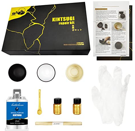 Kintsugi kit, Kintsugi Reparatur Set, gold Kintsugi Repair Kit reparieren Sie sinnvolle Keramik mit Goldpigment-Kleber – kommt mit zwei Übungs-Keramikbechern für Anfänger