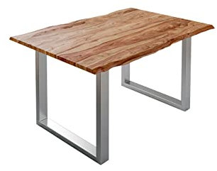 SAM Baumkantentisch 120x80cm Mailand, Sheesham-Holz naturbelassen, Esstisch mit echter Baumkante, massiver Esszimmertisch mit U-Gestell Silber, Tischplatte 26mm