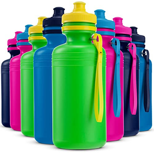 Trinkflasche Kinder Großpackung – 12 x 532 ml, 19 cm Große BPA-Freie Kunststoff Quetsch Trinkflasche mit Pop-Up-Verschluss und Griffen für Sommer, Schule, Sport, Uni oder Geburtstagsparty-Geschenke