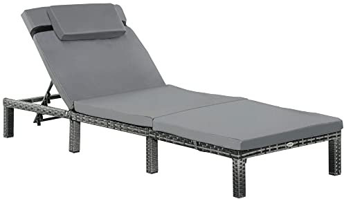 Outsunny Rattan Sun Lounger, 5-Level Adjustable Garden Lounger Recliner with Cushion and Headrest, Outdoor Reclining Sunbed, Steel Frame Garden Chair for Patio, Beach, Terrace, Dark Grey