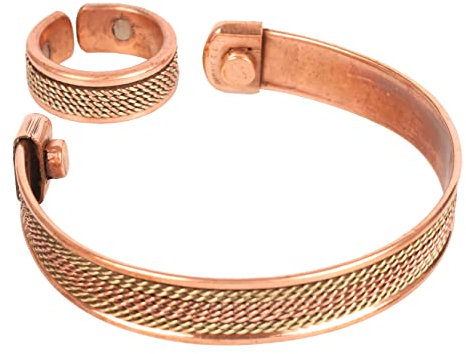 Touchstone Copper Magnetic Handgeschmiedet mit hochdickem Spiraldrahtmuster im tibetischen Stil, minimalistische Eleganz, reines Kupferarmband und identischer Ring in zwei Tönen.