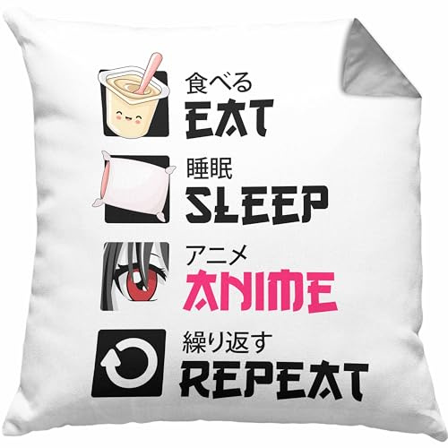 Trendation Eat Sleep Anime Kissen mit Füllung 40x40 Geschenk Spruch Geschenke Deko (Grau)