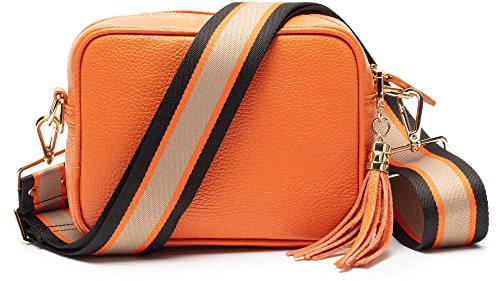 Ledertasche Echtleder in Orange mit abnehmbaren Lederriemen und zusätlichem Tragegurt (Orange-Black) zum Umhängen, 20 x 15 x 7 cm