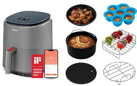 Cosori Friggitrice Ad Aria Smart Da 3,8L, Cottura Multistadio Preimpostata, Air Fryer Risparmio Energetico, 75-230℃, 1500W, Grigio & Accessori Friggitrice ad Aria 3,5L, 6 Pezzi Accessori Airfryer