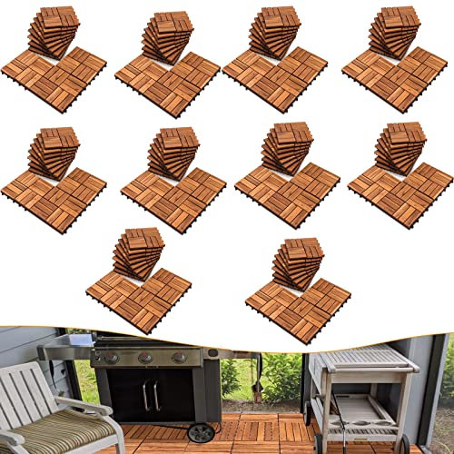 Joparri Holzfliesen für Balkon 100er Pack, 30x30 cm - 10 m²- Terrassenfliesen aus Akazien-Holz - Drainage Bodenbelag Holzboden Klicksystem Balkonfliesen Patio & Balkon
