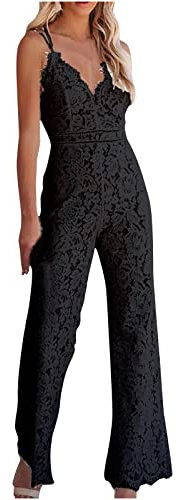 Lace Jumpsuit for Women UK Elegant Sexy V Neck Bodysuit Summer Sleeveless Solid Wide Leg Pants Suspender Bib Overalls Rompers Slim Fit Dungarees Long Jumpsuits Ladies Clearance Black