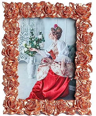 MOMLKFDAY Gold 4x6 Picture Frames Vintage Photo Frame Rose Gold Flower Leaf with Glass Front Antique Picture Frame for Tabletop Wall Hanging (Rose Gold-4x6)