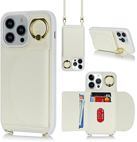 Cavor Crossbody iPhone 14 Pro Max Phone Case With Card Holder With Strap,Flip Leather Wallet Case,[4 Card Holder][Ring Stander][Magnetic],Lanyard Cover Case for iPhone 14 Pro Max - White