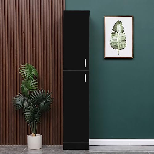 Menaka Tall Slim Bathroom Cabinet Unit Storage Cupboard with Door and Shelves for Small Corner Space, Bedroom Living Room Wood Tallboy Bookcase Disply Shelving Cabinet (black high glossing)