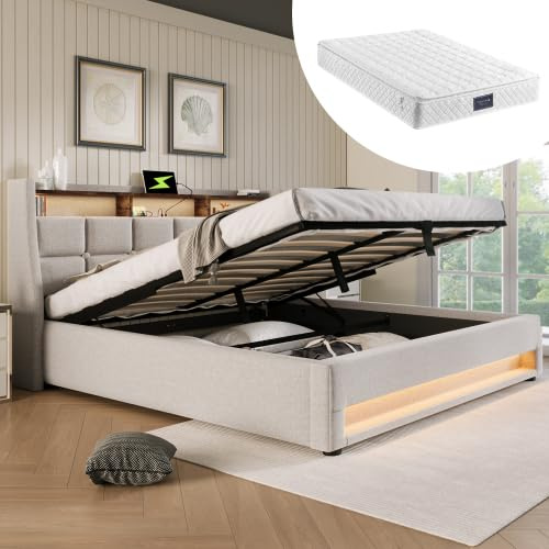 KUAKE - Letto imbottito 160 x 200 cm, con materasso, letto matrimoniale con vano contenitore e rete a doghe, testiera a LED con funzione di ricarica USB, letto contenitore funzionale con schienale