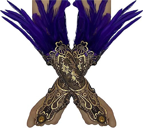 ihreesy 1 Paar Damen Feder Spitze Lange Handschuhe, Vintage Feder Manschette Fingerlose Handschuhe Manschetten Spitzenhandschuhe Armkette für Halloween-Rollenspielparty,Lila
