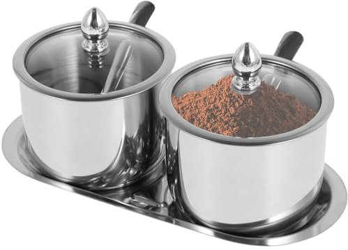 Juego de 2 azucareros de acero inoxidable con tapa de vidrio, cuchara y bandeja, caja de condimentos a prueba de óxido, macetas redondas para condimentos, contenedor de azúcar brillante, recipiente de