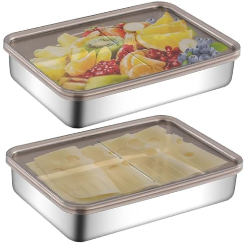 2er Set Frischhaltedosen Edelstahl mit Luftdicht Deckel,800ML Fresh Aufschnittbox Organizer,Mehrweg Stackables Lebensmittel Aufbewahrungsbox,Kühlschrank Vorratsdosen für Käse,Fleisch,Wurst 19.5*14*4cm