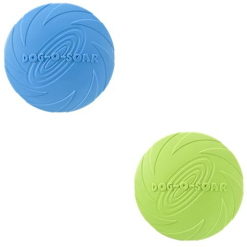helioflicker Confezione da 2 dischi volanti per cani, frisbee in gomma, giocattolo per cani di piccola e grande taglia, sicuro sui denti, blu e verde
