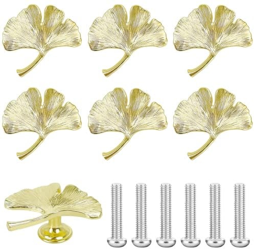 Boloest Ginkgo-Blattförmige Knaufgriffe, goldener Ginkgo-Ziehgriff für Schrank, Schublade, Schrank, Möbel, 6 Stück