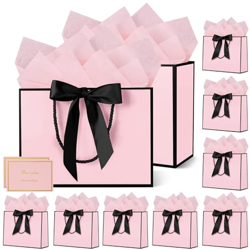 HONTIUS Sacs Cadeaux Pochette Cadeau, Lot de 10 Sac Cadeau Noël 12.59 avec 10 Papiers Sydney 10 Cartes, 32 * 25 * 10cm Sac Cadeau Anniversaire, Mariage, Fête Rose