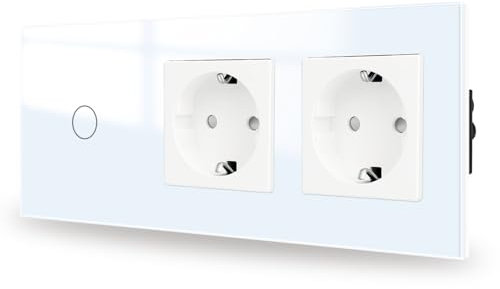 JIMEIDA Touch Lichtschalter mit 2 Steckdose weiß 1 Fach 1 Weg,Glas Panel und Status-LED Wandschalter,Kein Neutralleiter Erforderlich,157 * 86mm