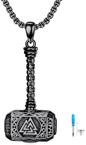 ROMANTICWORK Thors Hammer Urn Necklace 925 Stering Silver Viking Mjolnir Urn Pendant Necklace for Ashes Memorial Keepsake Jewellery for Men