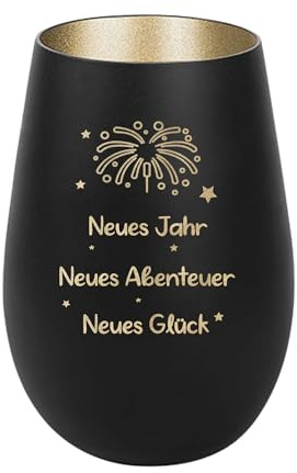 Der-Porzellan-Laden Windlicht mit Gravur Neues Jahr, Neues Abenteuer, Schwarz Gold, Teelichthalter Neujahr aus Glas, Silvesterdeko Tischdeko
