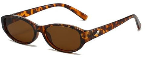 LJCZKA Vintage Ovale Sonnenbrille für Damen Herren, 90er Retro Katzenaugen Sonnenbrille Kleine Ovale Brille Mode Schmal Rahmen mit UV Schutz (Leopard Braun)