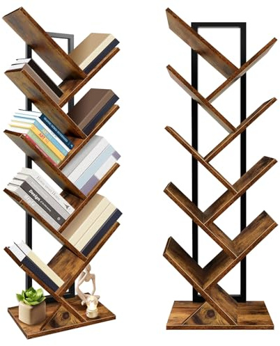 9-Tier Tree Bookshelf, Tree Shaped Book Shelves, Floor Free Standing Corner Bookcase, Wooden Display Book Magazine CDs Rack, Open Compartments, Industrial Style, for Office Living Room, Bedroom