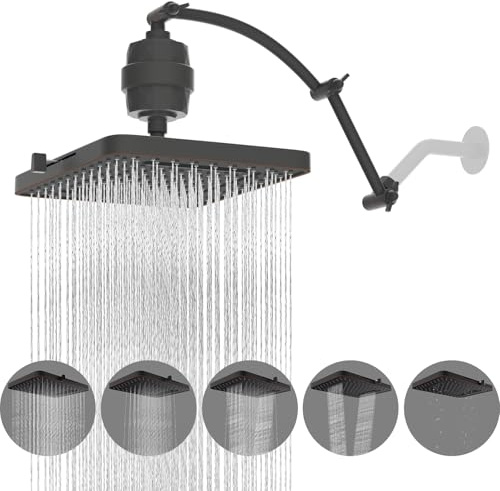 Hibbent Rain Shower Head, 13 High Pressure Rain Shower Head, 5 Jet Types with 16 Shower Extension Arm, Filtered, Adjustable Brass Shower Arm, 20 Stage Shower Filter, Oil Rubbed Bronze