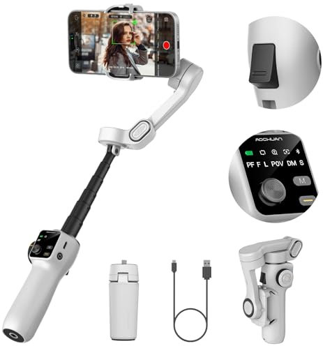 AOCHUAN Gimbal de teléfono celular para grabación de video con seguimiento de IA, estabilizador de cardán de vlogging de 3 ejes para iPhone con pantalla OLED, cardán de smartphone con barra de