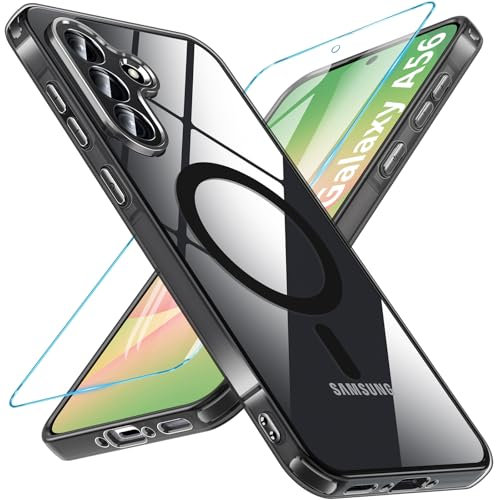 OWKEY Coque pour Samsung Galaxy A56 5G Compatible avec MagSafe avec Verre Trempé, Magnétique Protection Samsung A56 Transparent Étui Arrière Housse Fine Antichoc Extérieur Case pour Galaxy A56, Noir