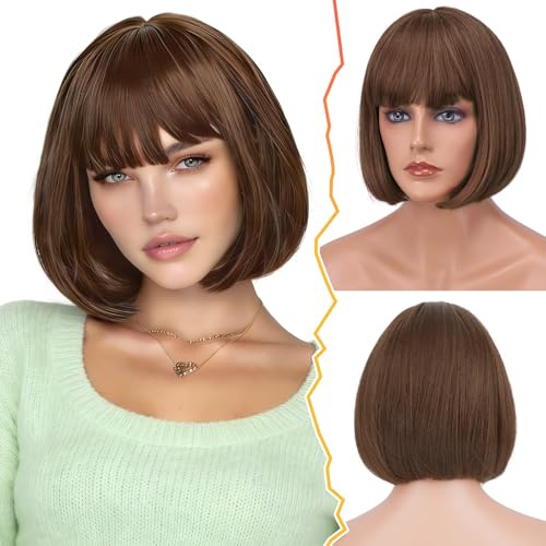 BARSDAR Kurze Braun Bob Perücke mit Pony, Kurze Braun Bob Perücke mit Pony für Damen 32cm Natürlich Aussehend Weich Synthetische Haar Replacement Perücken Halloween Party Bobs Perücken Kostüm