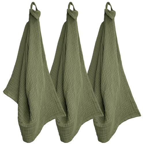Trio de torchon de cuisine 40x60 cm mousseline de coton KEA TABLE vert kaki