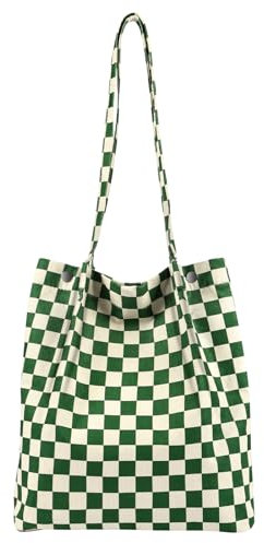 BUTBU Corduroy Tote Bag for Women, Large Shoulder Bags with Magnetic Buckle, Big Capacity Casual Shopping Handbags, Cord Tote Bag for Daily Work, Travel, School, College (Green Grid)