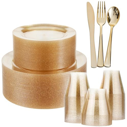 MATANA 360 Pcs Reusable Gold Plastic Dinnerware Set for 60 Guests - 60 Dinner & 60 Dessert Plates, 60 Cups, 180 Cutlery Set (60 Knives, 60 Forks & 60 Spoons) - for Weddings, Parties