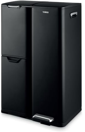 Tower T838024BLK Recycling Pedal Bin, Three Individual Compartments with Removable Inner Buckets, Carbon Steel Body, 60L, Black