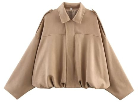 Xunger Women's Faux Suede Bomber Jacket Spring Lapel Pilot Coat Casual Oversized Long Sleeves Trendy Streetwear Outerwear, Khaki, S