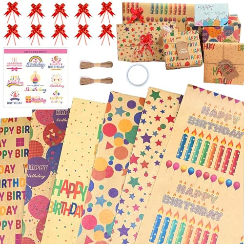 Papier Cadeau Anniversaire d'emballage avec Étiqueter et Ficelle Kraft Recyclable Papier Cadeau Feuille Wrapping Paper Happy Birthday Enfant Garçon Fille Femme Homme