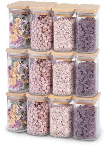 CROWNSHOP Spice Jars, 12 Set Glass Jars with Lids, 250ml Spice Organiser with Labels Small Food Cereal Storage Canister Containers for Home Kitchen Tea Herbs Coffee Flour Herbs Grains