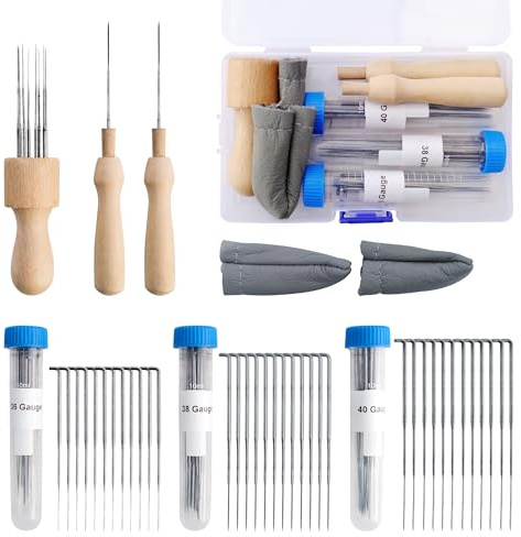 Nadelfilz Set mit 36 Filznadeln in 3 Größen - Komplettset zum Trockenfilzen inklusive Holzgriffen, Fingerlingen und Aufbewahrungsflaschen für Wollfilzprojekte, farblos