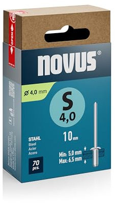 Novus Tools Stahl-Blindnieten Ø 4,0 mm, 10 mm Länge, 70 Nieten, 5,0-6,5 mm Klemmlänge, ideal zur Befestigung und Nietverbindung von Stahlblechen