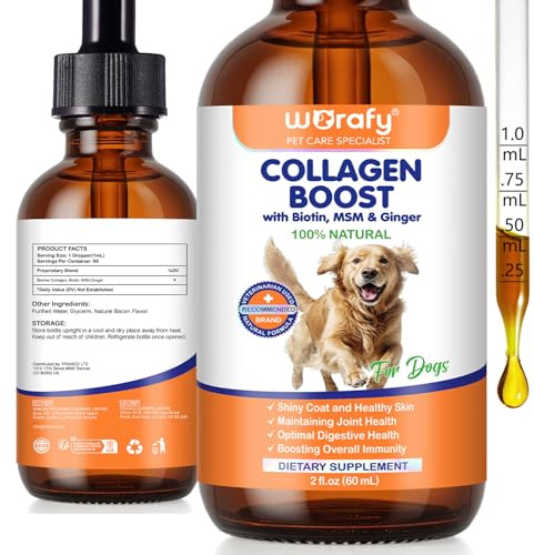 Collagen for Dogs 60ml, Liquid Dog Collagen Drops, Liquid Collagens for Dogs Joints, Skin & Coat, Support Dog Itchy Skin Relief & Digestive Health, with Biotin, MSM & Ginger, Bacon Flavor