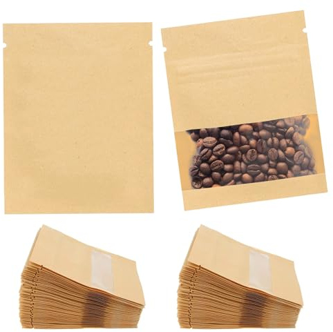 100 PCS Small Resealable Seed Envelopes, Brown Paper Coffee Coin Packing Bag with Transparent Window, Reusable Ziplock Seal Bags for Seed Flower Vegetable Plants Garden Storage Packaging