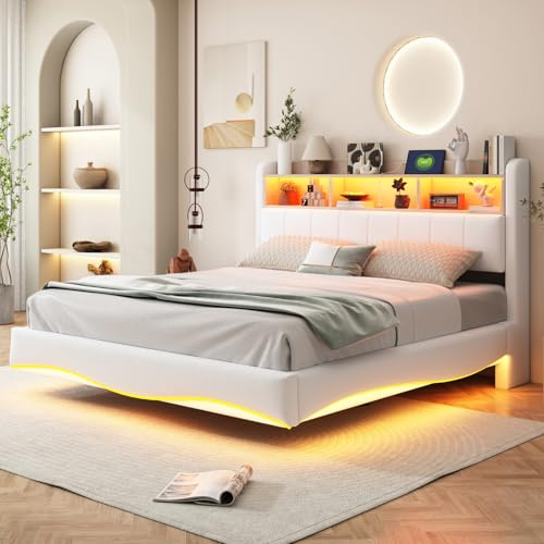 Yihomfy Polsterbett 140x200cm Doppelbett 140x200, cmSchwebebett mit LED-Beleuchtung, Kopfteil und Ladestation(USB- und Type-C-Schnittstelle), Stauraum, Modern Doppelbett mit lattenrost,Leinen, Beige