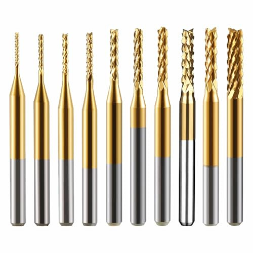 10STK Schaftfräser-Satz, Titanbeschichtetes Hartmetall 0,6-3,175 mm, CNC Router Bits Modernste Werkzeuggravur für PCB, Router, Mais, Maschinen, Fräswerkzeuge (0.8-3.175mm)