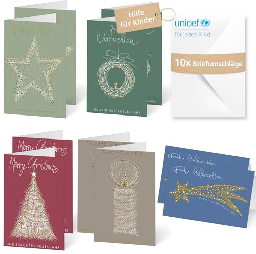 Unicef Weihnachtskarten Filigran | 10 Klappkarten mit Umschlägen | Helfen Sie Kindern in Not: FSC-Papier, 10 Karten, 5 Motive (12 x 17 cm) – goldene Details