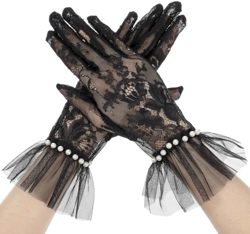 Abeillo Lace Gloves Women Short Lace Gloves with Faux Pearl Tea Party Glove for Evening Wedding Opera Prom 1920s (Black)