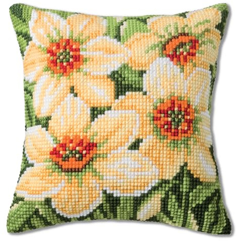 VERVACO Kreuzstich Stickpackungen Kissen Stickerei Set Anfänger Vorgedruckt Narzissen DIY Set Kreativ Set Für Erwachsene Dekoratives Kissen ca. 40 x 40 cm Bastelset Handwerker Haus Dekoration