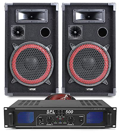 Max Red 10 Passive DJ Speakers Pair & Skytec SPL500 Amplifier Kit – 600W Home Disco PA Audio System for DJ Events or House Parties with Speaker Cable