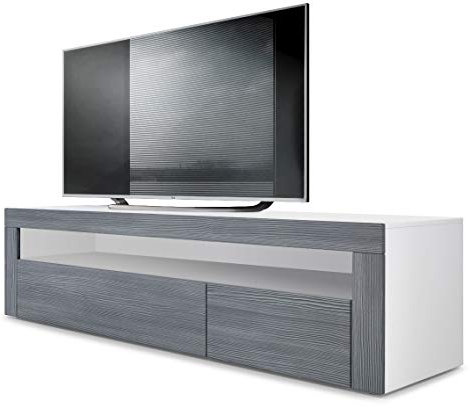 Vladon Lowboard Valencia, Made in Germany, TV-Kommode mit 1 offenem Fach und 2 Klappen, Weiß matt/Avola-Anthrazit/Avola-Anthrazit (155 x 46 x 40 cm)