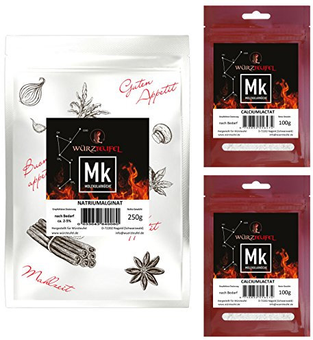 Alguinato de sodio y lactato de calcio, cocina molecular caviar de frutas. Fácil fabricación. 1 bolsa de alginato de sodio de 250 g y 2 bolsas de lactato de calcio cada una de 100 g.