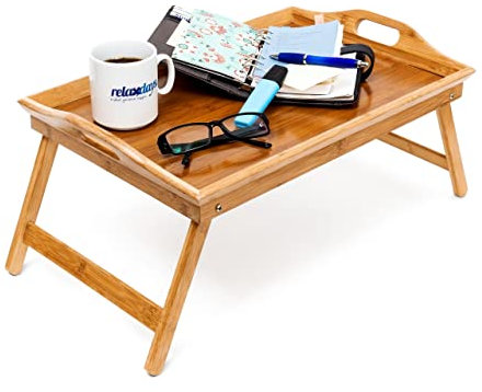 Relaxdays Set of 2 breakfast trays, foldable, serving tray with legs, with two handles, bamboo, natural finish